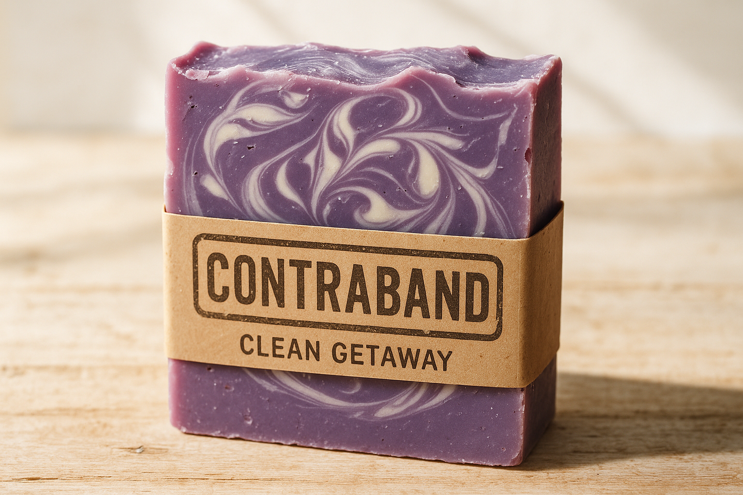 Purple Contraband Clean Getaway soap with white swirls